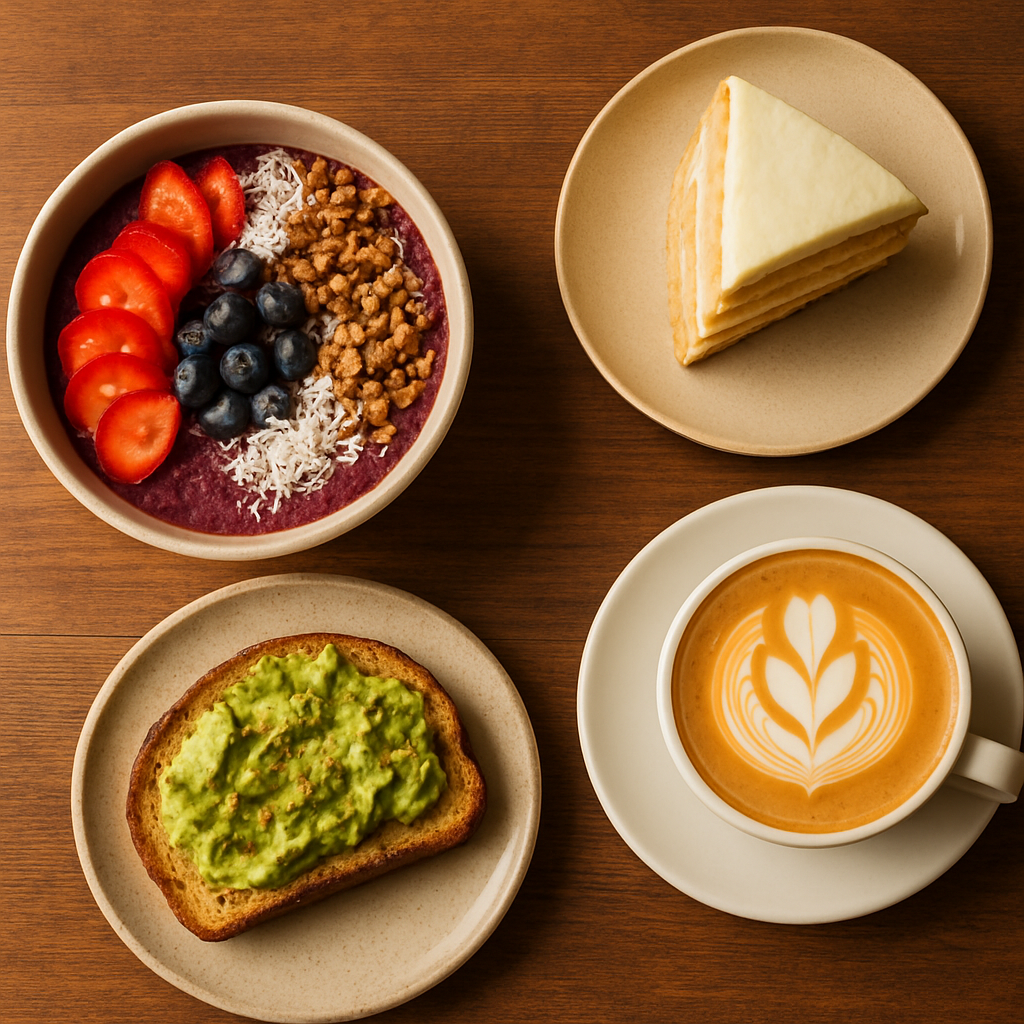 A spread of gluten-free cafe food — acai bowl, avocado toast, cake slice and flat white coffee